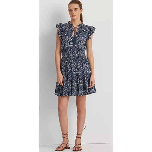 Lauren by Ralph Lauren Dresses & Skirts - Lauren Ralph Lauren Tiered Floral Linen Blend Dress Smocked Beach Coastal Sz 12